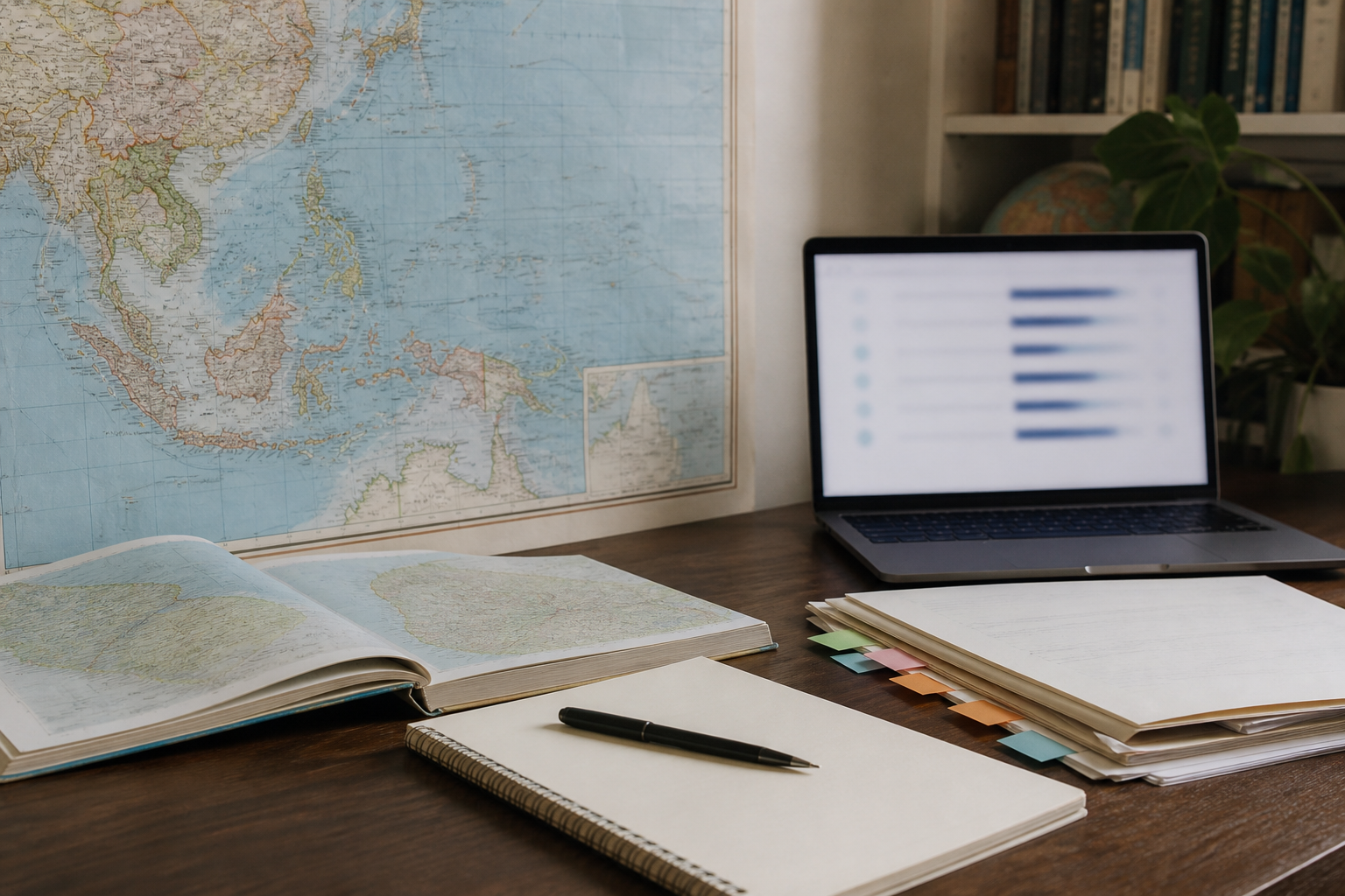 Research workspace with maps, notes, and an abstract survey interface