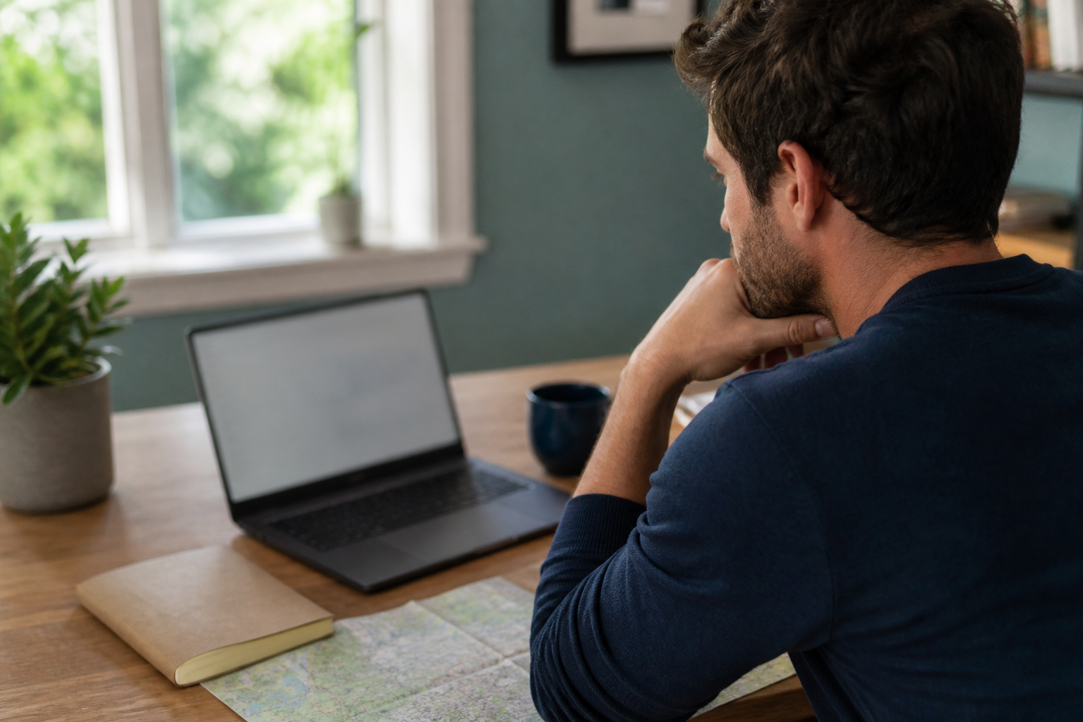 Person reviewing survey research at a desk with a notebook and map