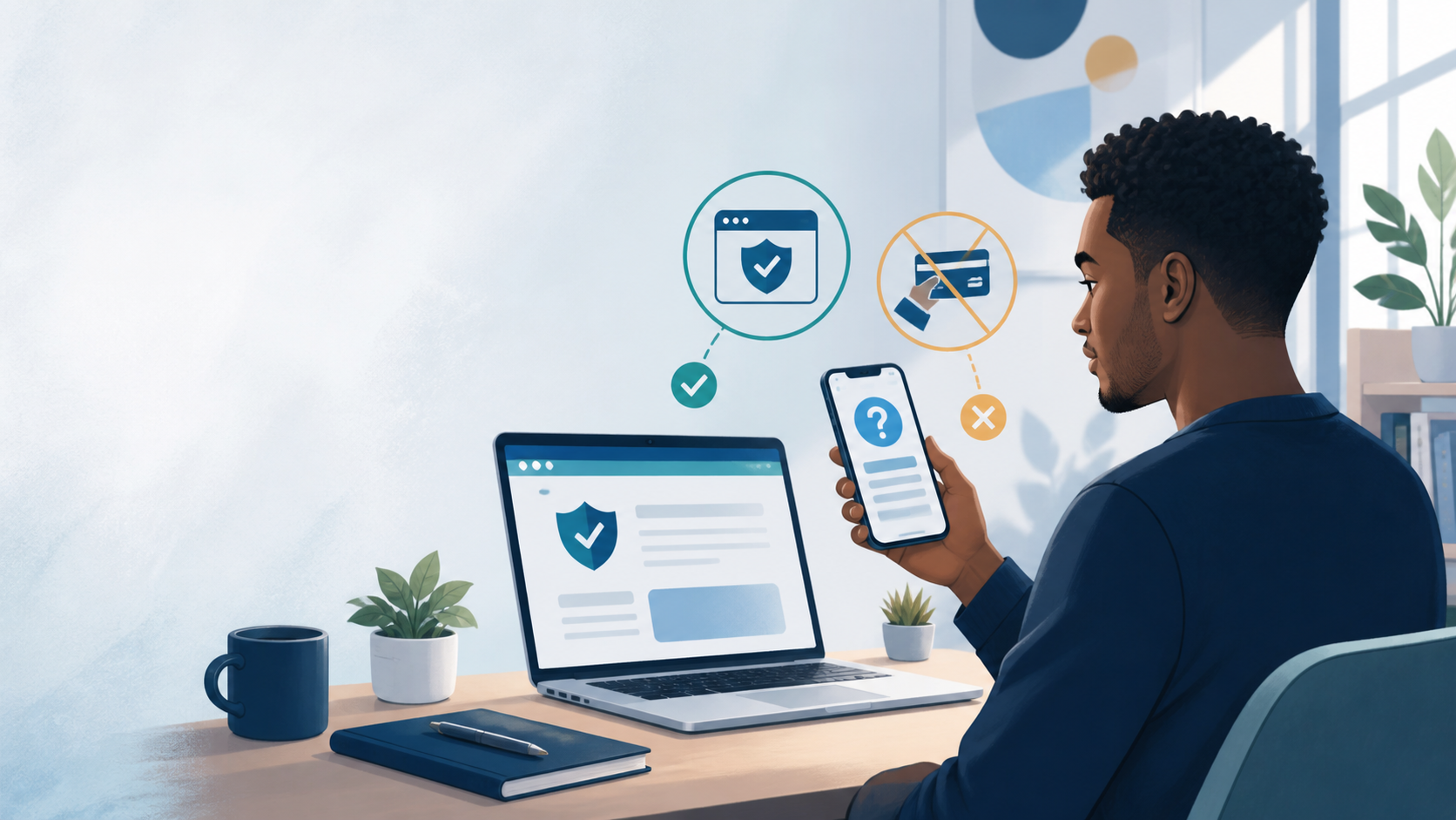 Illustration of a person checking a suspicious survey message on a phone