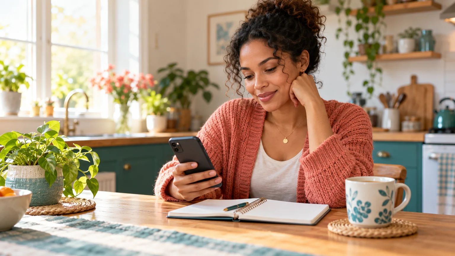 AI illustration of an adult taking a quiet moment to check a phone at home